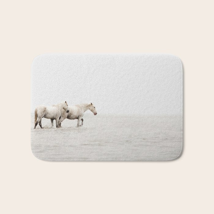 White Camargue Horses - Minimalist Nature Photography Bath Mat Gallery Image 1