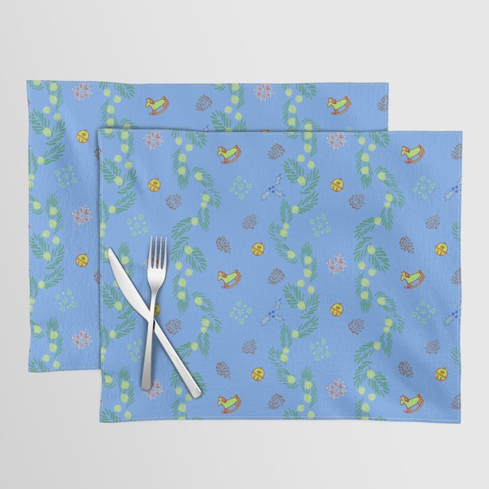 Whimsical Tiny Toys & Pine Branches in Blue Placemat Gallery Image 1