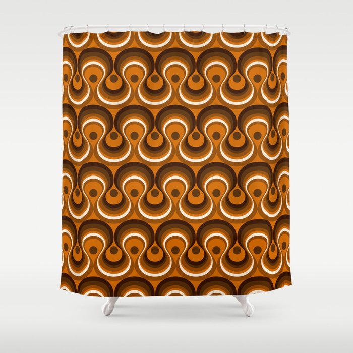 Brown, Orange and Ivory Wavy Lines Retro Pattern Shower Curtain Gallery Image 1