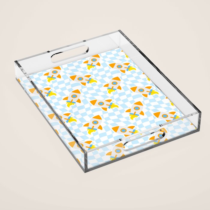 Space rocket cartoon checkered pattern Acrylic Tray Gallery Image 1