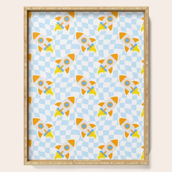 Space rocket cartoon checkered pattern Serving Tray Gallery Image 1