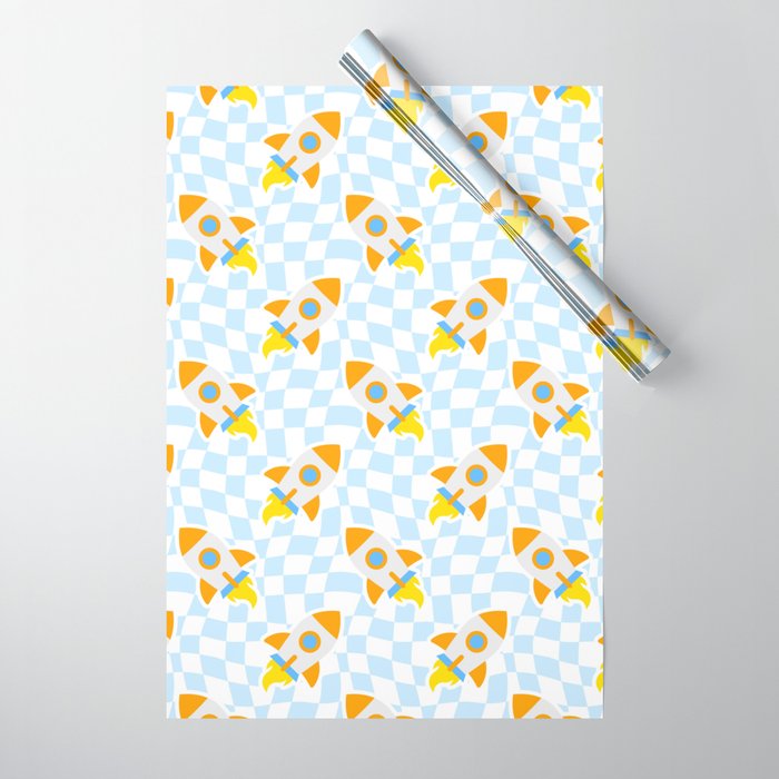 Space rocket cartoon checkered pattern Wrapping Paper Gallery Image 1