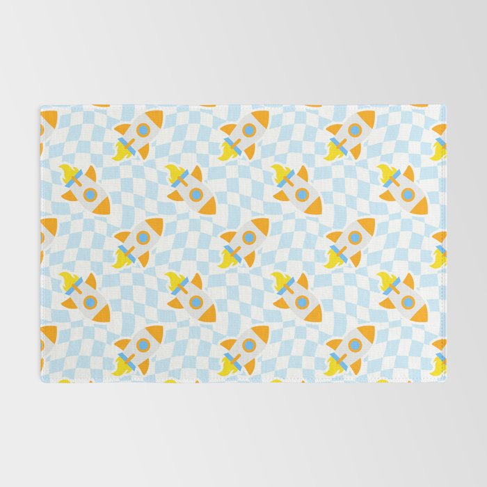 Space rocket cartoon checkered pattern Rug Gallery Image 2