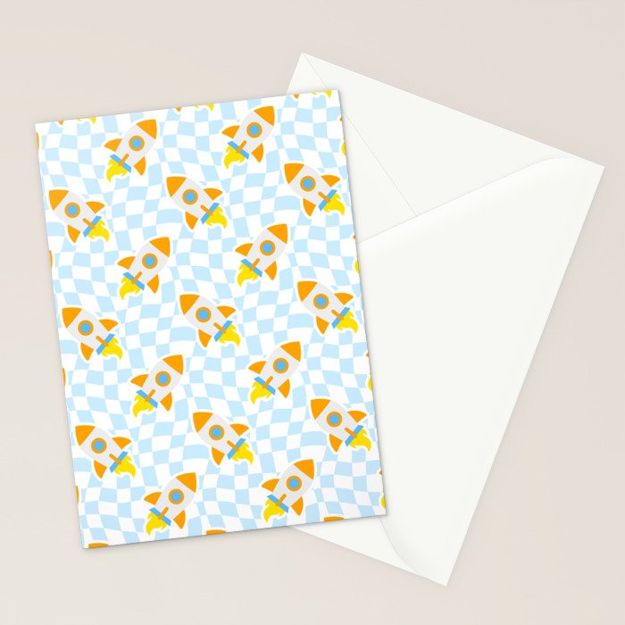 Space rocket cartoon checkered pattern Stationery Card Gallery Image 2