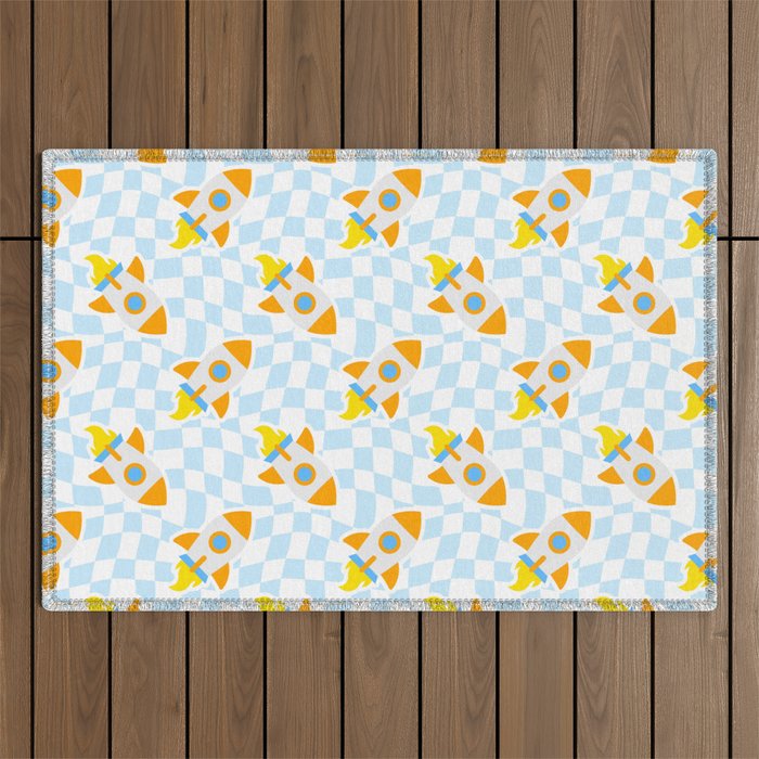 Space rocket cartoon checkered pattern Outdoor Rug Gallery Image 1