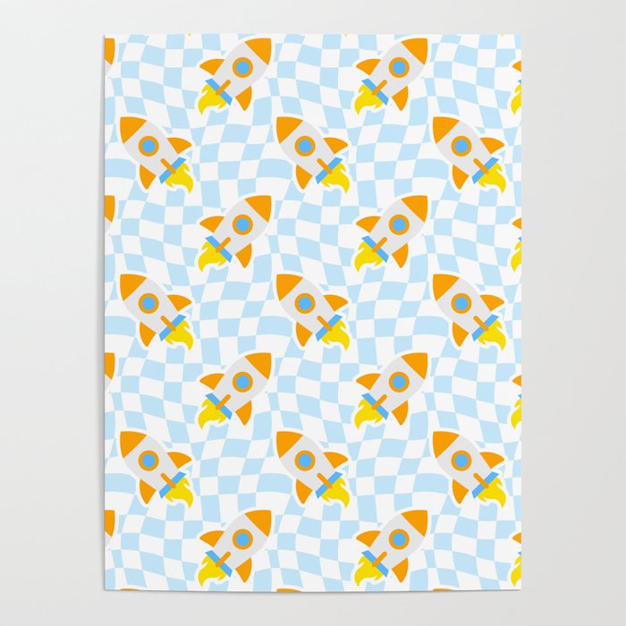 Space rocket cartoon checkered pattern Poster Gallery Image 1