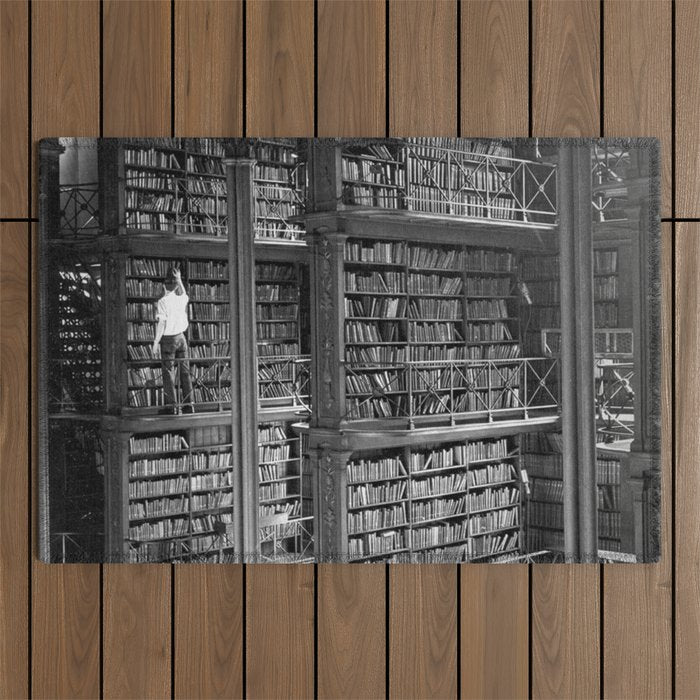 A book lovers dream - Cast-iron Book Alcoves Cincinnati Library black and white photography Outdoor Rug Gallery Image 1