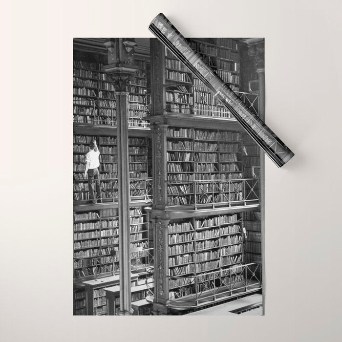 A book lovers dream - Cast-iron Book Alcoves Cincinnati Library black and white photography Wrapping Paper Gallery Image 1