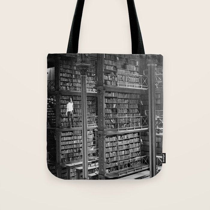 A book lovers dream - Cast-iron Book Alcoves Cincinnati Library black and white photography Tote Bag Gallery Image 1
