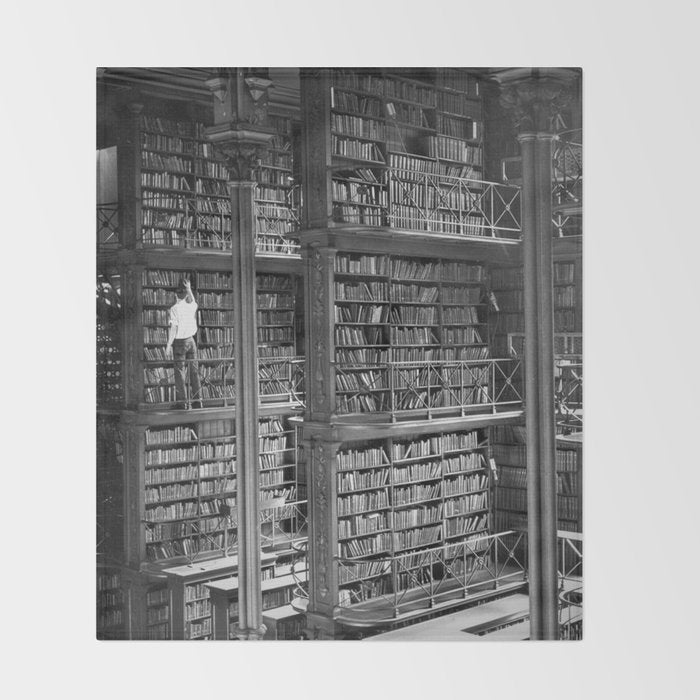 A book lovers dream - Cast-iron Book Alcoves Cincinnati Library black and white photography Throw Blanket Gallery Image 2