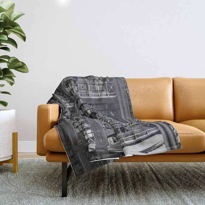A book lovers dream - Cast-iron Book Alcoves Cincinnati Library black and white photography Throw Blanket Gallery Image 1