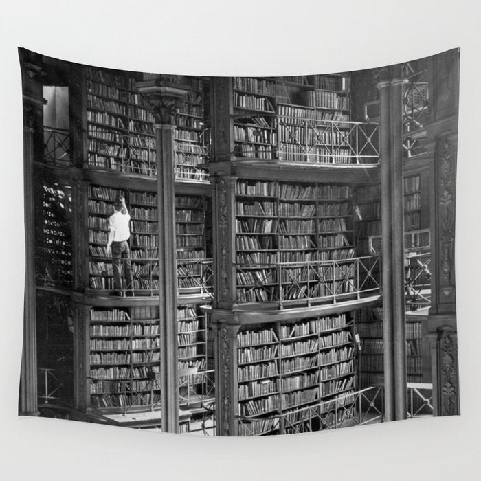 A book lovers dream - Cast-iron Book Alcoves Cincinnati Library black and white photography Wall Tapestry Gallery Image 1