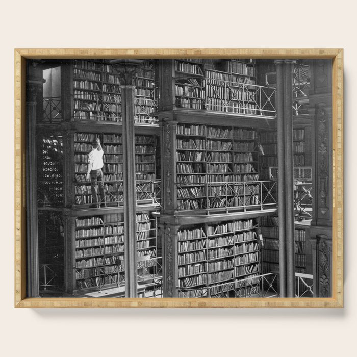 A book lovers dream - Cast-iron Book Alcoves Cincinnati Library black and white photography Serving Tray Gallery Image 1