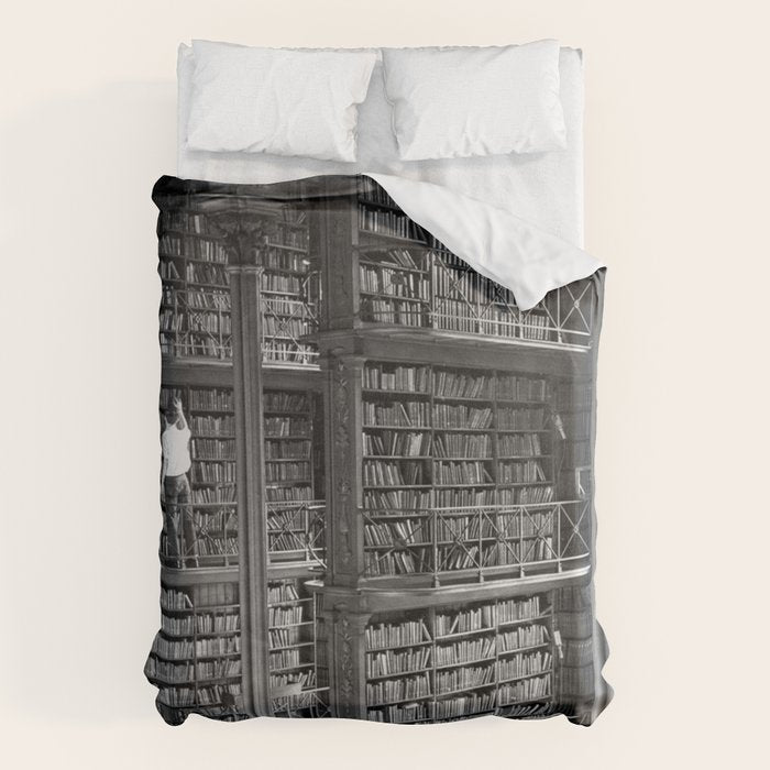 A book lovers dream - Cast-iron Book Alcoves Cincinnati Library black and white photography Duvet Cover Gallery Image 6
