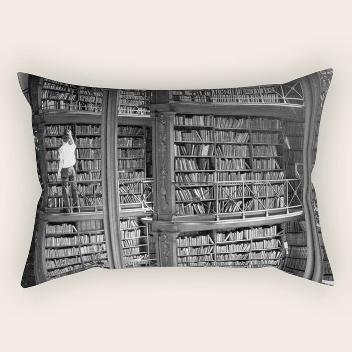 A book lovers dream - Cast-iron Book Alcoves Cincinnati Library black and white photography Rectangular Pillow Gallery Image 2