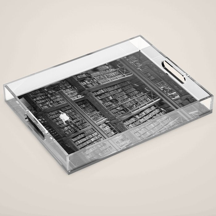 A book lovers dream - Cast-iron Book Alcoves Cincinnati Library black and white photography Acrylic Tray Gallery Image 1