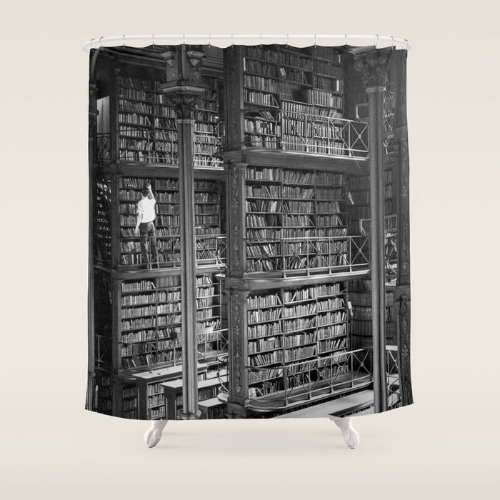 A book lovers dream - Cast-iron Book Alcoves Cincinnati Library black and white photography Shower Curtain Gallery Image 1