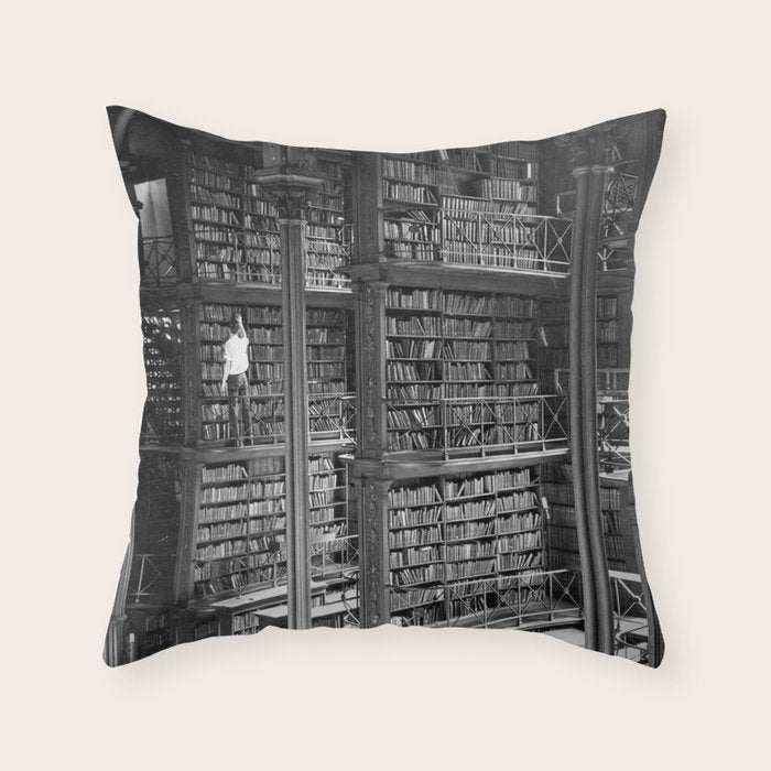 A book lovers dream - Cast-iron Book Alcoves Cincinnati Library black and white photography Throw Pillow Gallery Image 1