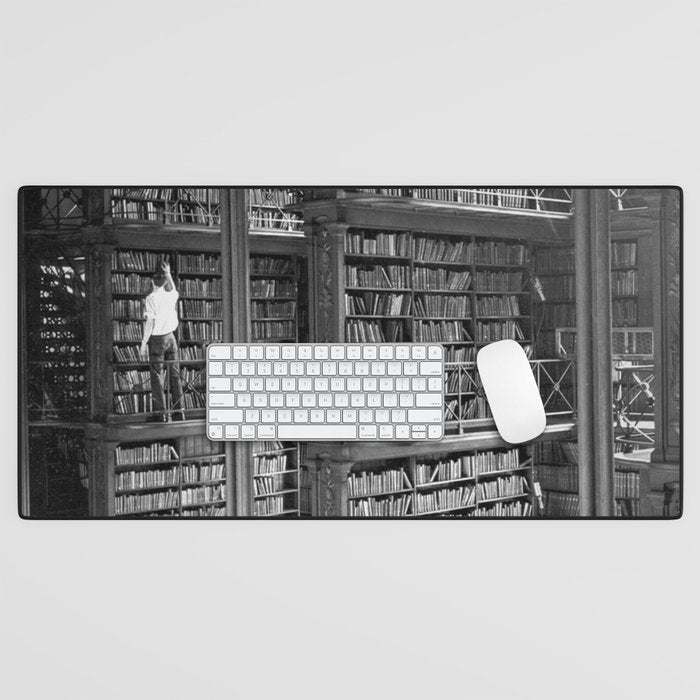 A book lovers dream - Cast-iron Book Alcoves Cincinnati Library black and white photography Desk Mat Gallery Image 1