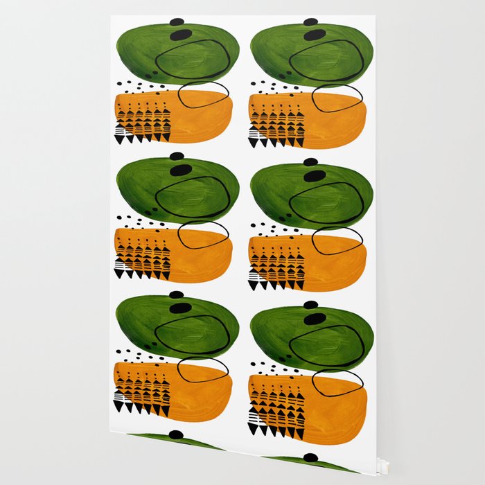Modern Mid Century Fun Colorful Abstract Minimalist Painting Olive Green Yellow Ochre Buns Wallpaper Gallery Image 2