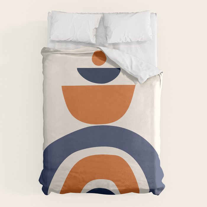 Abstract Shapes 14 in Orange and Navy Blue (Rainbow and Moon Phases Abstraction) Duvet Cover