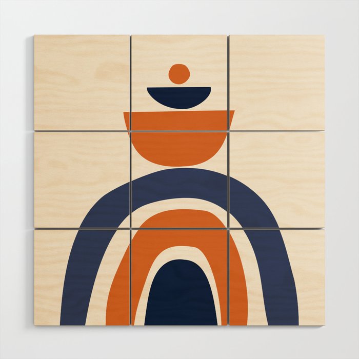Abstract Shapes 14 in Orange and Navy Blue (Rainbow and Moon Phases Abstraction) Wood Wall Art Gallery Image 1