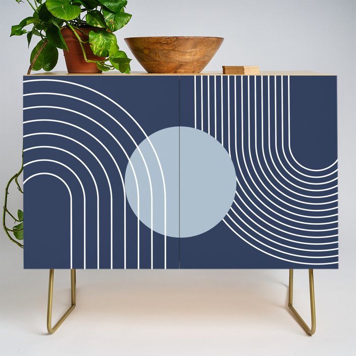 Geometric Lines in night Blue 10 (Rainbow and Sun Abstract) Credenza Gallery Image 1