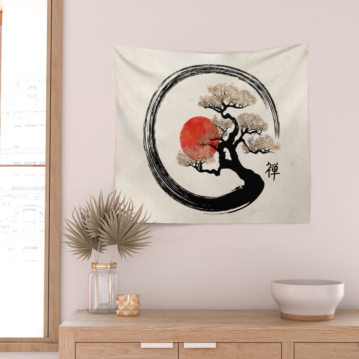 Enso Circle and Bonsai Tree on Canvas Wall Tapestry Gallery Image 2