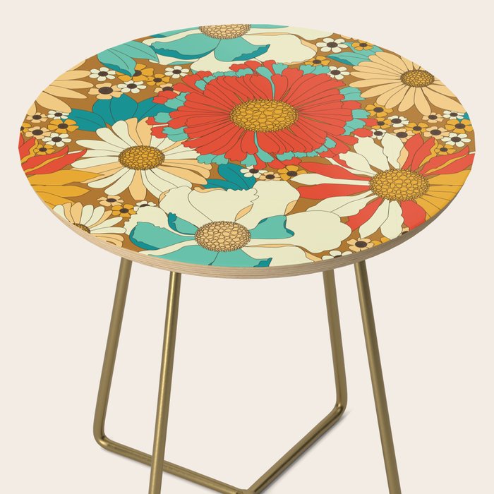 Red, Orange, Turquoise and Brown Retro Floral Pattern Side Table Gallery Image 2