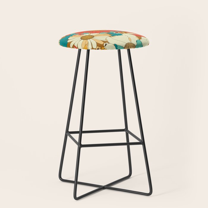 Red, Orange, Turquoise and Brown Retro Floral Pattern Stool Gallery Image 1