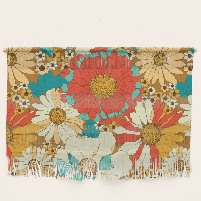 Red, Orange, Turquoise and Brown Retro Floral Pattern Wall Hanging Gallery Image 1