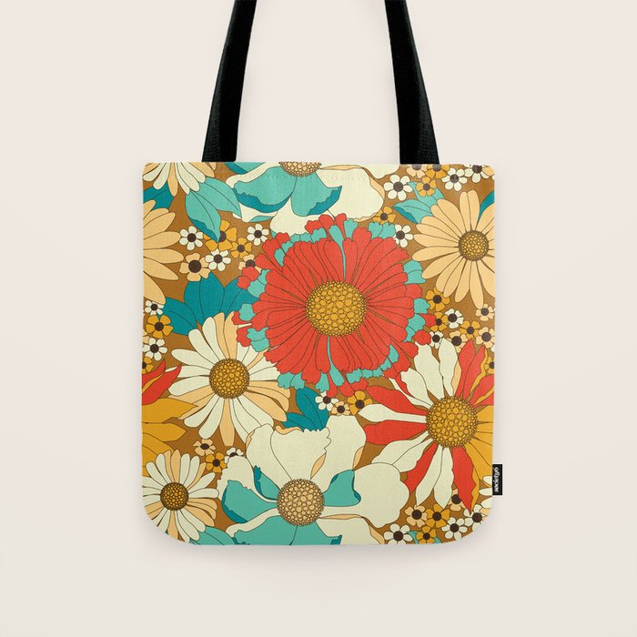 Red, Orange, Turquoise and Brown Retro Floral Pattern Tote Bag Gallery Image 1