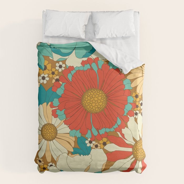 Red, Orange, Turquoise and Brown Retro Floral Pattern Duvet Cover Gallery Image 6