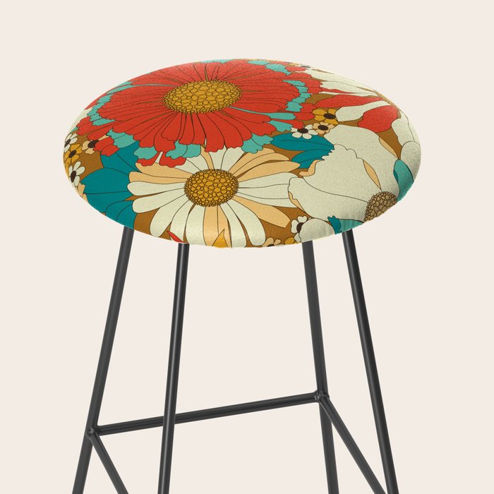 Red, Orange, Turquoise and Brown Retro Floral Pattern Stool Gallery Image 2