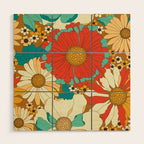 Red, Orange, Turquoise and Brown Retro Floral Pattern Wood Wall Art Gallery Image 1