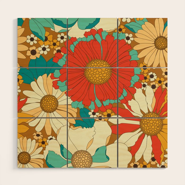 Red, Orange, Turquoise and Brown Retro Floral Pattern Wood Wall Art Gallery Image 1