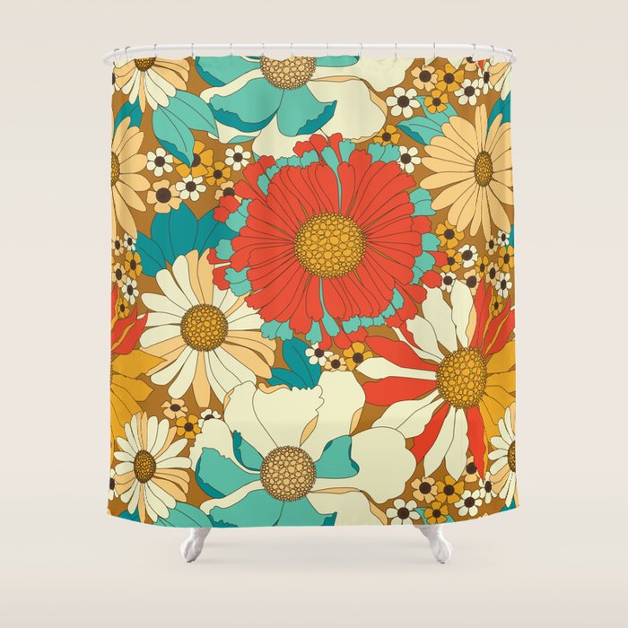 Red, Orange, Turquoise and Brown Retro Floral Pattern Shower Curtain Gallery Image 1