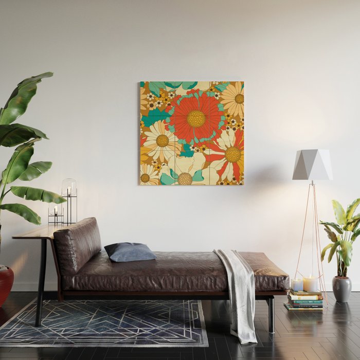 Red, Orange, Turquoise and Brown Retro Floral Pattern Wood Wall Art Gallery Image 2