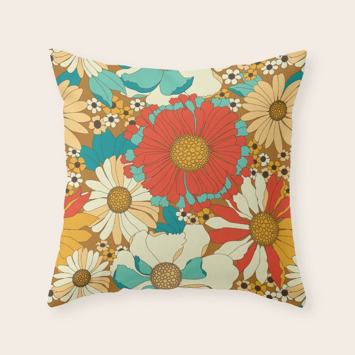 Red, Orange, Turquoise and Brown Retro Floral Pattern Throw Pillow Gallery Image 1