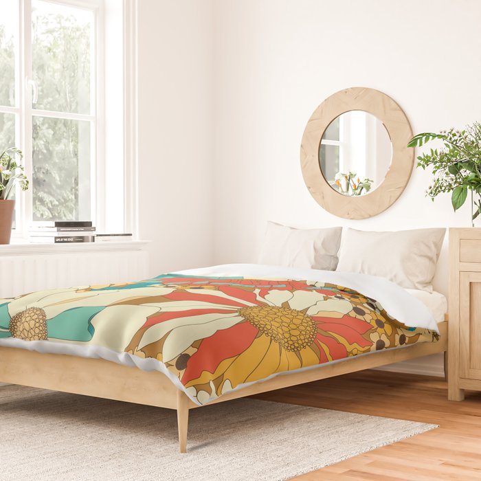 Red, Orange, Turquoise and Brown Retro Floral Pattern Duvet Cover Gallery Image 2