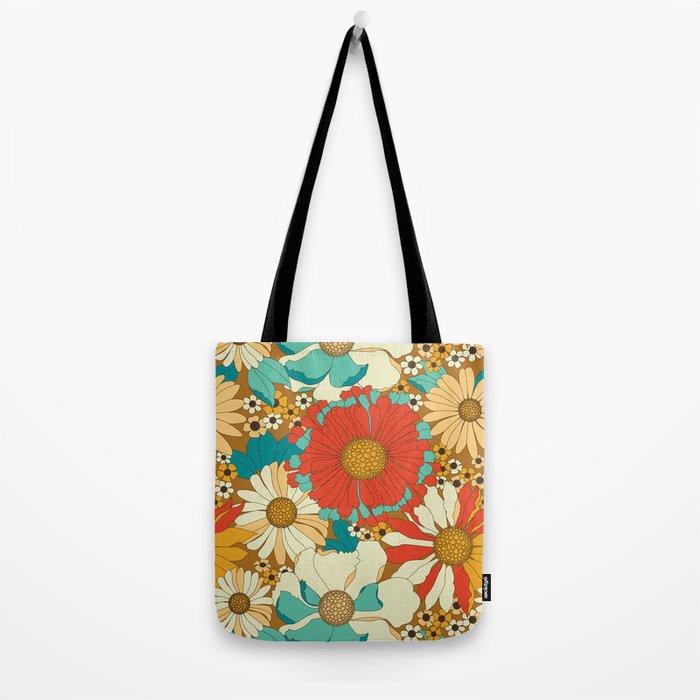 Red, Orange, Turquoise and Brown Retro Floral Pattern Tote Bag Gallery Image 2