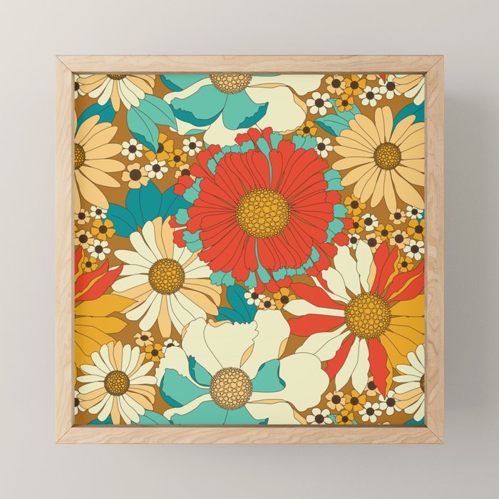 Red, Orange, Turquoise and Brown Retro Floral Pattern Mini Art Print Gallery Image 1