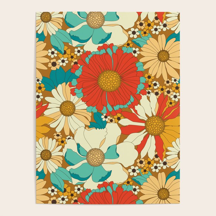 Red, Orange, Turquoise and Brown Retro Floral Pattern Poster Gallery Image 4