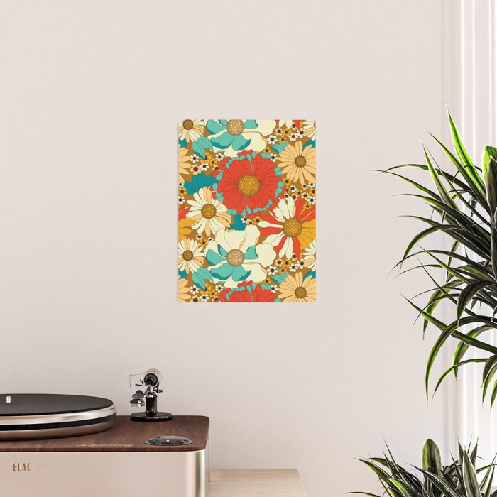 Red, Orange, Turquoise and Brown Retro Floral Pattern Poster Gallery Image 2