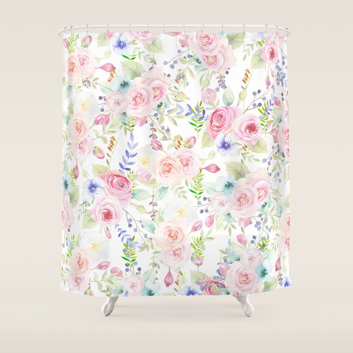 Country chic pastel pink coral green watercolor flowers Shower Curtain Gallery Image 1