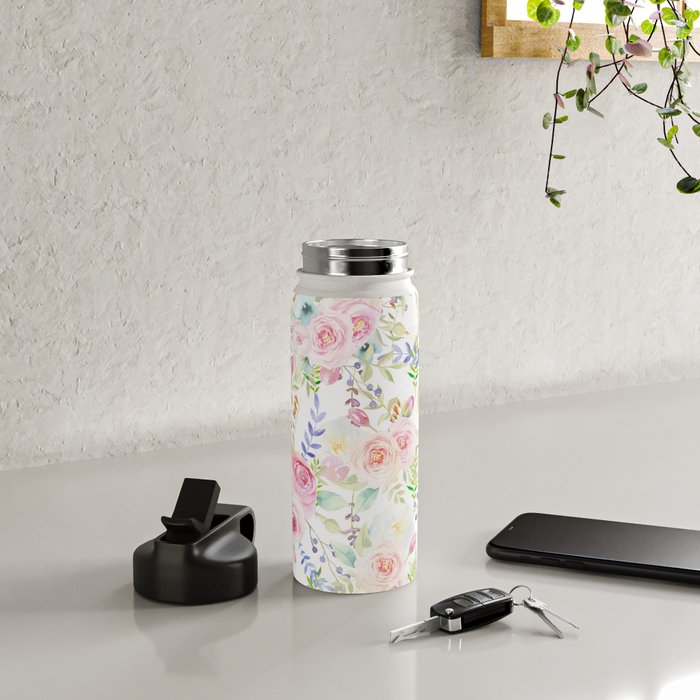 Country chic pastel pink coral green watercolor flowers Water Bottle Gallery Image 4