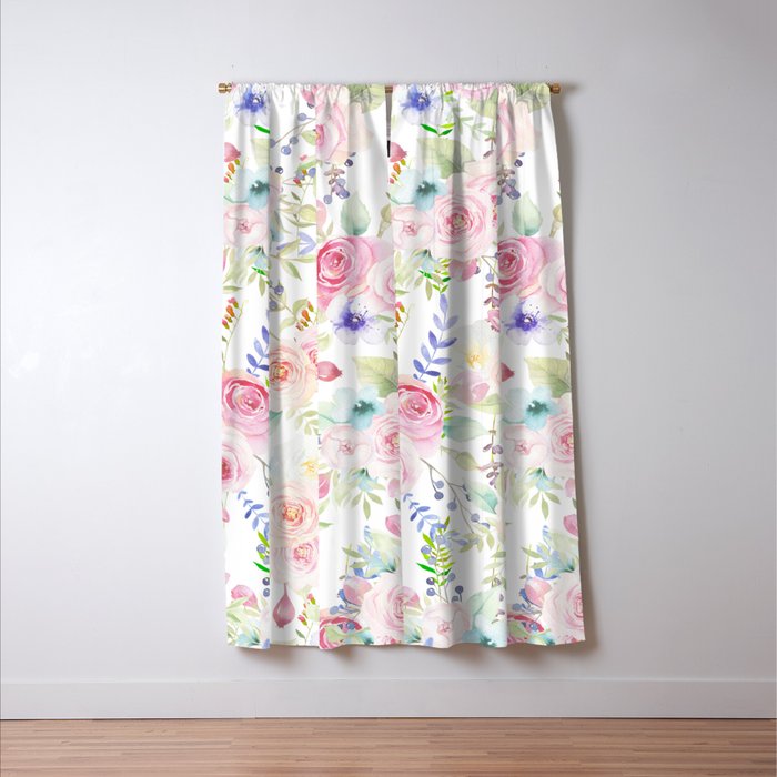 Country chic pastel pink coral green watercolor flowers Window Curtain Gallery Image 3