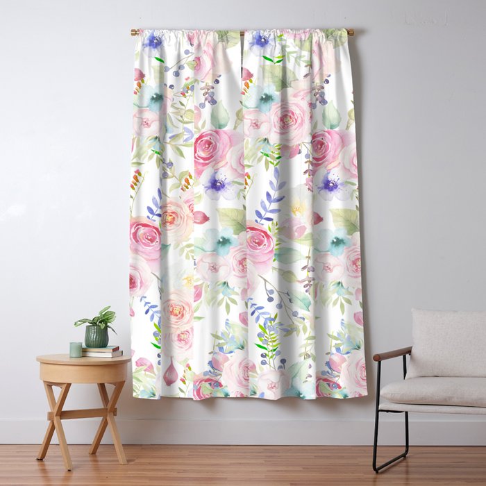 Country chic pastel pink coral green watercolor flowers Window Curtain Gallery Image 1
