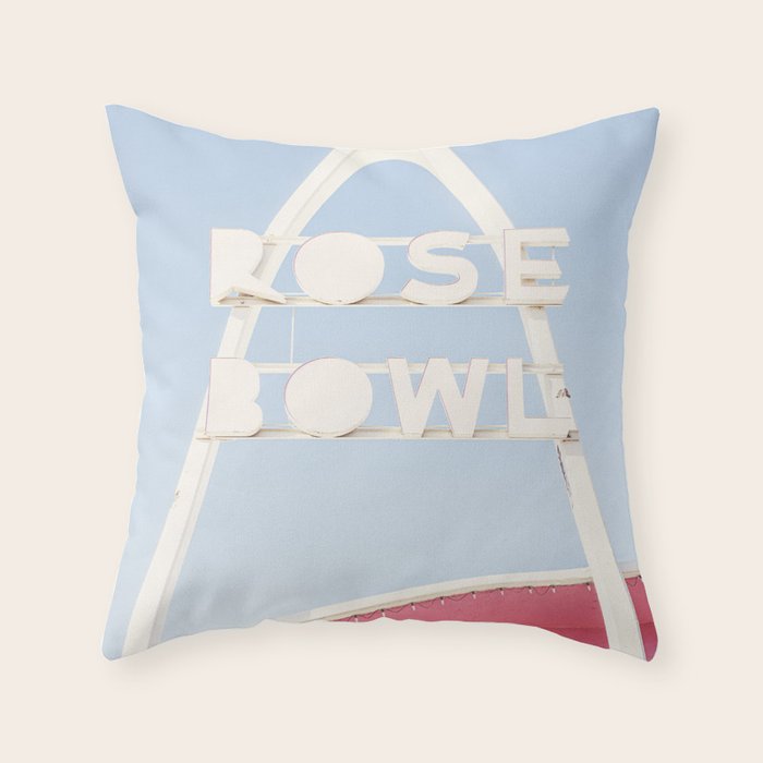 Vintage Midcentury Modern Bright Pink Sign x Rose Bowl Bowling Alley Route 66 Tulsa Oklahoma Throw Pillow Gallery Image 1