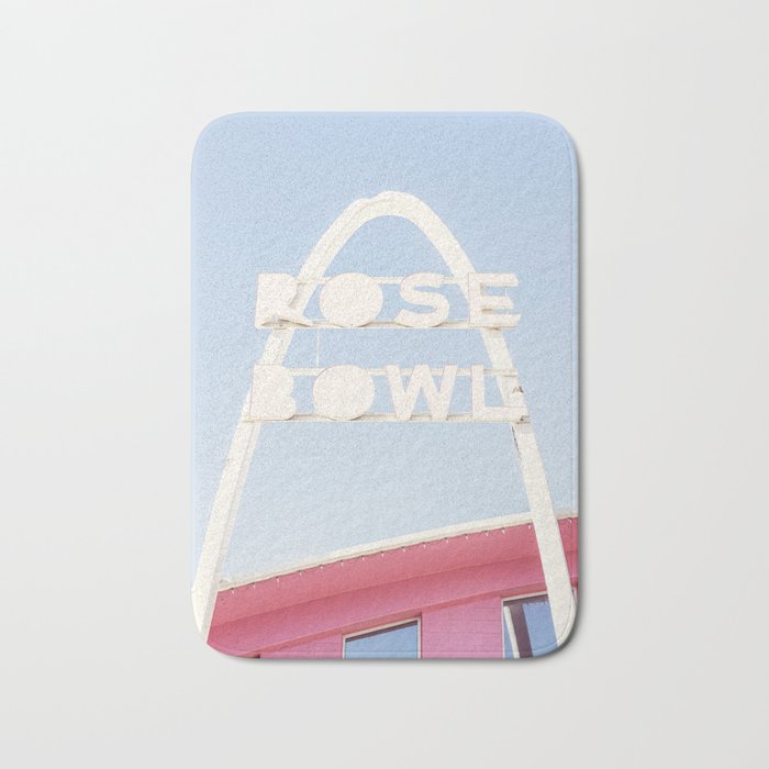 Vintage Midcentury Modern Bright Pink Sign x Rose Bowl Bowling Alley Route 66 Tulsa Oklahoma Bath Mat Gallery Image 1